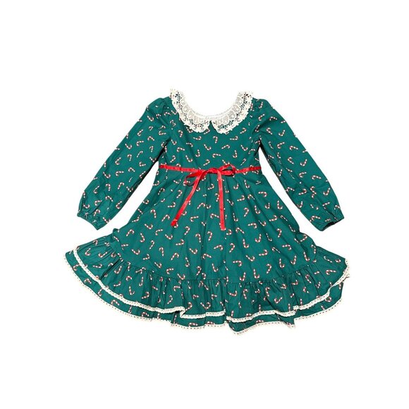Love & Grow Clothing Co Candy Cane Print Girls Dress with Lace Collar 7y - Picture 1 of 10
